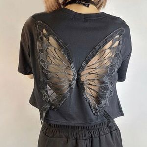 Butterfly Cutout Y2K Tee- Indie Aesthetic Short Sleeve Boho Crop Top- Grunge